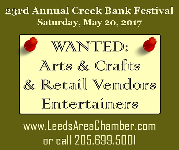 23rd Annual Leeds Creek Bank Festival Booth Space is available for food, crafts and other types of vendors. Electricity is available on a first come-first serve basis and some booth space is limited