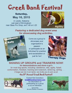 Leeds 21st Annual Creek Bank Festival will be held on Saturday, May 16, 2015 in Leeds Memorial Park on Hwy 119 from 10 AM- 5 PM.
