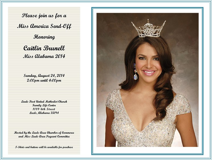 Caitlin Brunell Miss Alabama 2014 Send off party invitation sponsored by the Leeds Area Chamber of Commerce and the Miss Leeds Area Pageant Committee