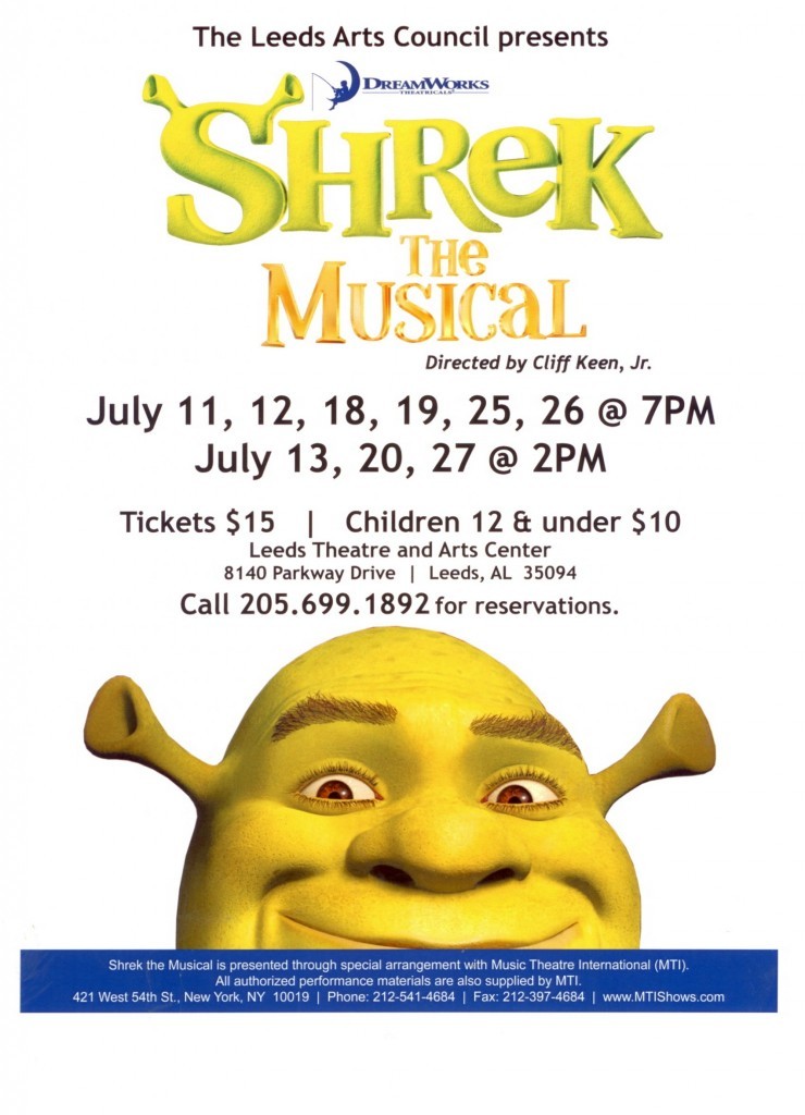 Shrek the Musical and Shrek Swamp Parties Leeds Arts Council Leeds Alabama
