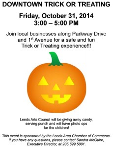 The Leeds Area Chamber of Commerce announces their Annual Leeds Downtown Trick or Treat 2014 scheduled for Halloween afternoon – Friday, October 31, 2014 from 3:00 PM to 5:00 PM.