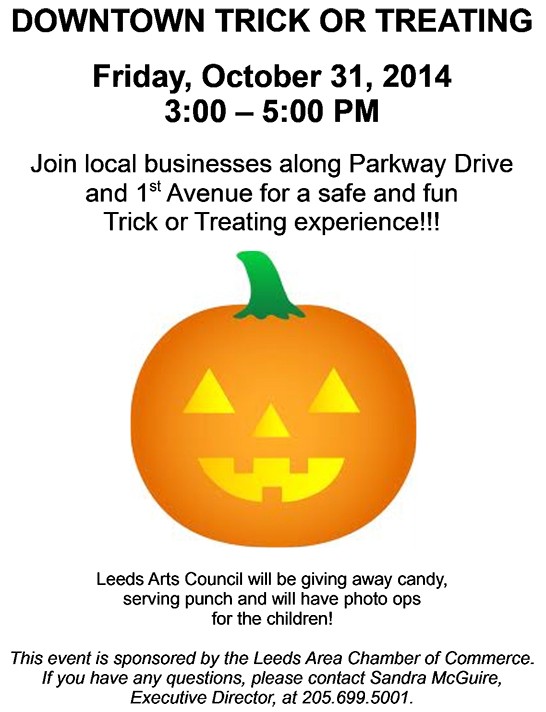 The Leeds Area Chamber of Commerce announces their Annual Leeds Downtown Trick or Treat 2014 scheduled for Halloween afternoon – Friday, October 31, 2014 from 3:00 PM to 5:00 PM.