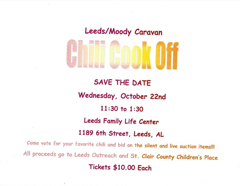 Leeds / Moody Caravan Charity Auction and Soup/Chili Cookoff 2014 event will be next Wed, Oct 22 - 11:30-1:30 at Leeds First Methodist Family Life Center, 1189 6th Street, Leeds, Alabama.