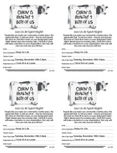 We hope you will join us for Relay for Life Spirit Night at Chick-fil-A Leeds on Tuesday, November 18, 2014 from 5:00 PM to 8:00 PM. Please print and share these coupons to bring on Spirit Night to support Relay for Life!