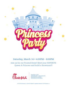 Chick-fil-A in Leeds is hosting a "Frosted Family Night" on Saturday, March 14th from 4-8pm. Queen Elsa & Princess Anna will be there. Also kids will be ab