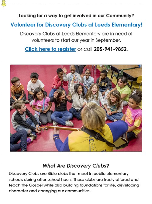 Looking for a way to get involved in our Community-Volunteer for Discovery Clubs at Leeds Elementary! Discovery Clubs at Leeds Elementary are in need of vol