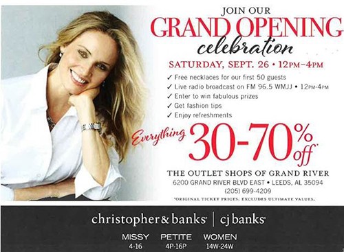 christopher & banks at The Outlet Shops of Grand River will host a Grand Opening Celebration on Saturday, September 26, 2015. Everything will be 30-70% off.