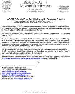 ADOR Offering Free Tax Workshop to Business Owners Birmingham area October 15, 2015 for ADOR FREE Business Workshop , at 3 PM & 6 PM in Hoover Alabama