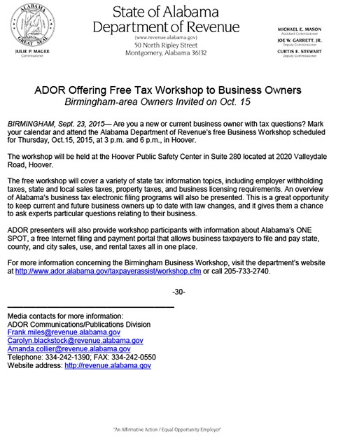 ADOR Offering Free Tax Workshop to Business Owners Birmingham area October 15, 2015 for ADOR FREE Business Workshop , at 3 PM & 6 PM in Hoover Alabama