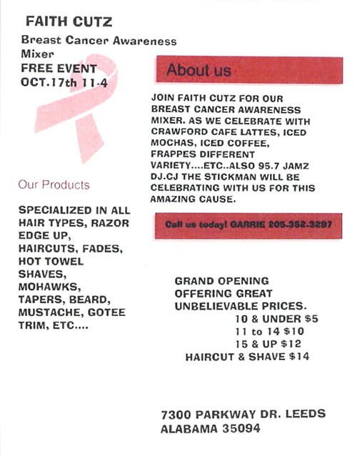 You are invited to the FAITH CUTZ Breast Cancer Awareness Mixer which is a FREE EVENT on Saturday, October 17, 2015 from 11:00 A- 4:00 P | 205.699.5001