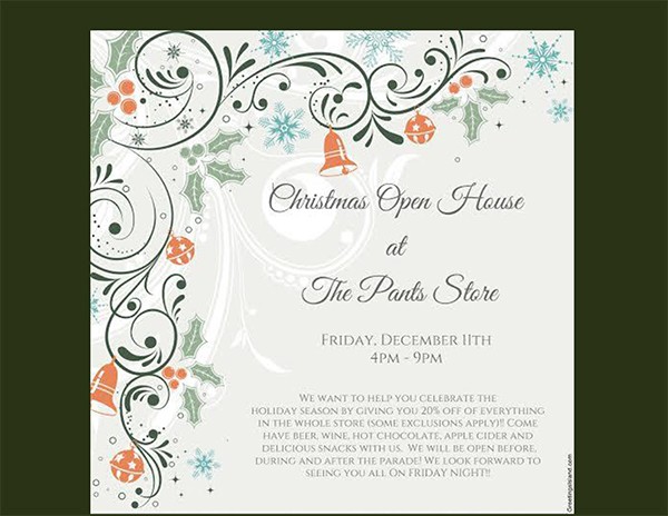 Pants Store Christmas Open House is scheduled for this Friday, December 11, 2015 from 4:00 PM until 9:00 PM. You can receive 20% off every | 205.699.5001