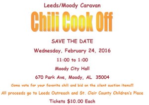 Leeds/Moody Caravan presents Chili Cookoff 2016 so SAVE THE DATE for Wednesday, February 24, 2016- 11 AM-1PM Moody City Hall-670 Park Avenue, Moody, Alabama