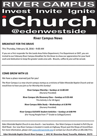 River Campus News: BREAKFAST FOR THE BRAVE This Thursday, February 18, 2016 – 9:00 AM - If you are a first responder for the Leeds Area Police, Fire, EMT