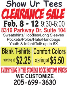 Show Ur Tees Clearance Sale will be held from February 8 through February 12, 2016 - 9:30 AM until 6:00 PM at their warehouse located at 8316 Parkway Drive.