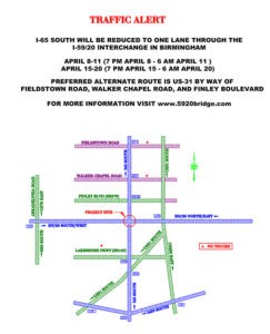 FOR IMMEDIATE RELEASE-April 13, 2016-MEDIA ADVISORY ALABAMA DEPARTMENT OF TRANSPORTATION-Major Lane Closures Expected on I-65 South at I-59/20 Interchange