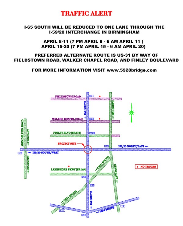 FOR IMMEDIATE RELEASE-April 13, 2016-MEDIA ADVISORY ALABAMA DEPARTMENT OF TRANSPORTATION-Major Lane Closures Expected on I-65 South at I-59/20 Interchange 