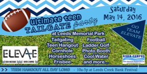 Ultimate Teen Tailgate Party & Hangout sponsored by Eden Westside Baptist Church River Campus ELEVATE Student Ministries which will include games such as ladder golf, horse shoes, corn hole, Frisbee and football, photo booth, hangout area with couch, bean bag and cool water to drink.