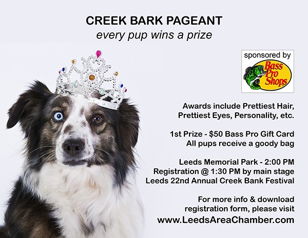 Creek Bark Pageant Entry Form for Leeds Creek Bank Festival at Leeds Memorial Park Leeds Alabama | 205.699.5001