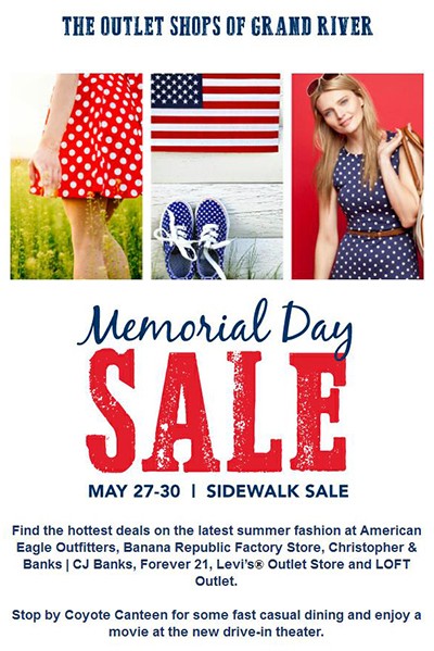Join the Outlet Shops of Grand River for their Memorial Day Sale 2016 May 27-30, 2016. Find the hottest deals on the latest summer fashion at American Eagl