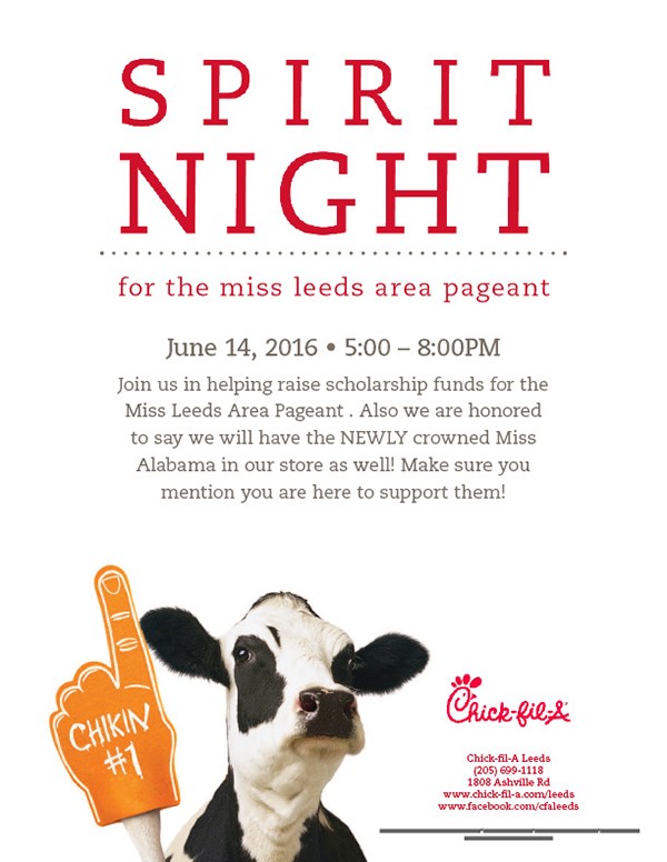 Please be sure to come out and Support Miss Leeds Area Spirit Night at Chick-fil-A this Tues night, June 14, 2016 | 5-8 PM with Miss Alabama, Hayley Barber