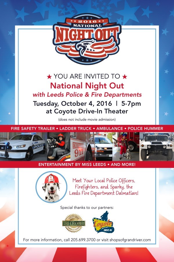 You are invited to National Night Out 2016 with Leeds Police & Fire Departments at Coyote Drive-In from 5-7 pm Tues., Oct. 4 hosted by Leeds Area Chamber of