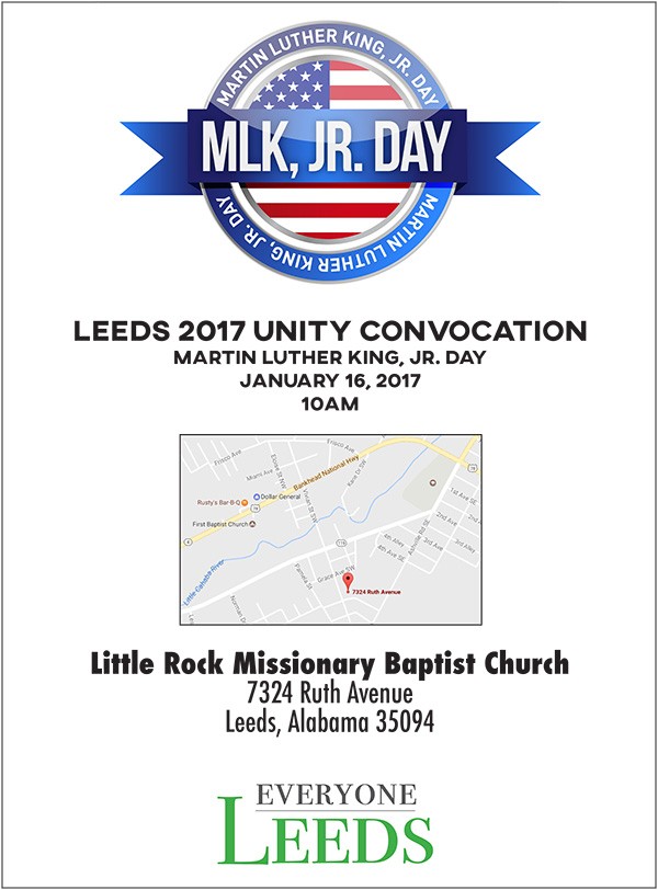In honor of Martin Luther King, Jr. Day, Leeds 2017 Unity Convocation Event will be held at Little Rock Missionary Baptist Church 10:00 AM Mon January 16