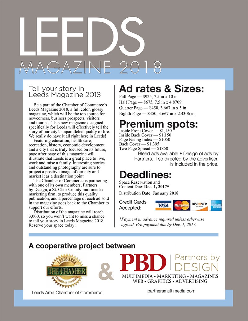 2018 Leeds Area Chamber Magazine Advertising Rates | 2018 is the time for a new Chamber Magazine!  Please see prices & deadlines for ads | 205.699.5001