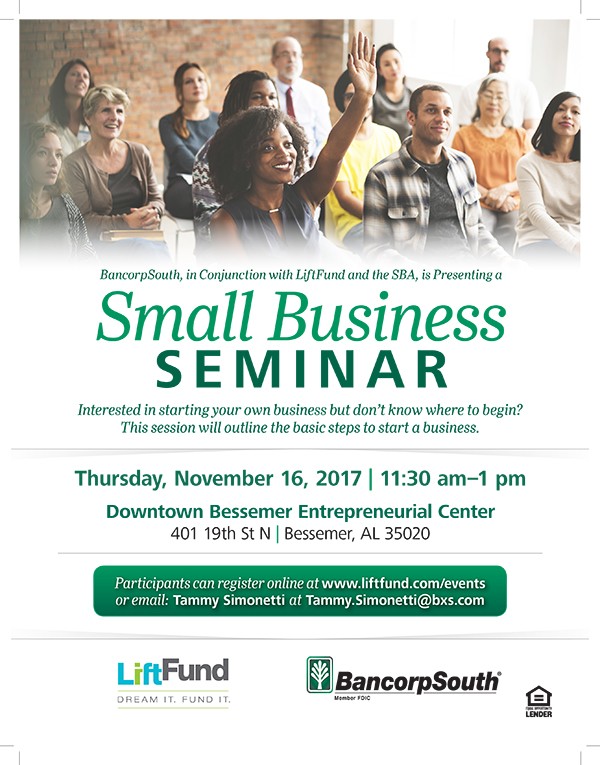 BancorpSouth SBA Event:  BancorpSouth is sponsoring an SBA Event (see attached flyer) on Thursday, Nov. 16th from 11:30 am-1:00 pm, at the Downtown Bessemer 