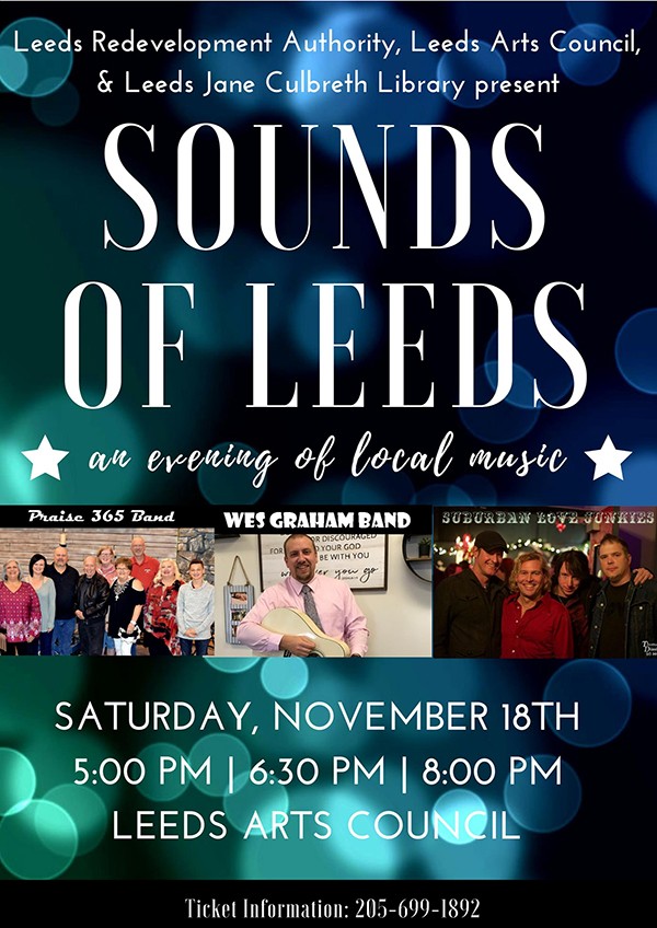 Leeds Redevelopment Authority, Leeds Arts Council and Leeds Jane Culbreth Library present SOUNDS OF LEEDS, an evening of local music Saturday, November 18
