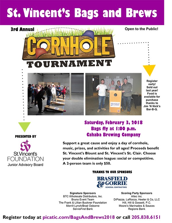 St. Vincent's Bags and Brews 2018 Event | St. Vincent's Bags and Brews 3rd Annual Cornhole Tournament is scheduled for Saturday, February 3, 2018 at Cahaba Brewing Company.  Bags fly at 1:00 p.m. Register today at picatic.com/BagsAndBrews2018.com or call 205.838.6151.