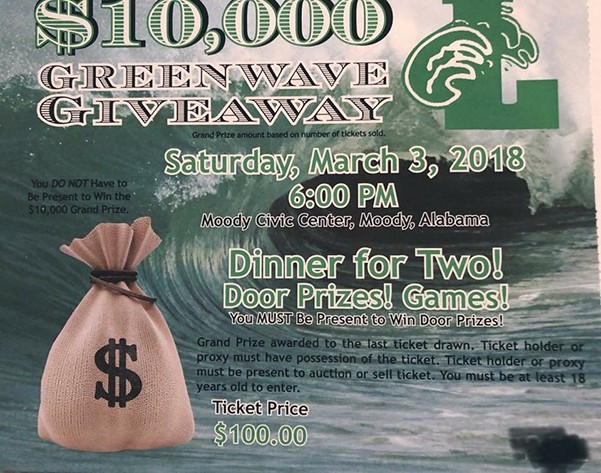 Greenwave Giveway 2018 | Tickets are on sale now for the $10,000 Leeds Green Wave Giveaway event scheduled for 6:00 p.m. on Saturday, Mar. 3 at Moody Civic Center. You do not have to be present to win the $10k grand prize. Tickets are $100 and includes dinner for two as well as fun, door prizes and games.
