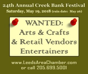 24th Annual Leeds Creek Bank Festival Booth Space is available for food, crafts and other types of vendors. Electricity is available on a first come-first serve basis and some booth space is limited