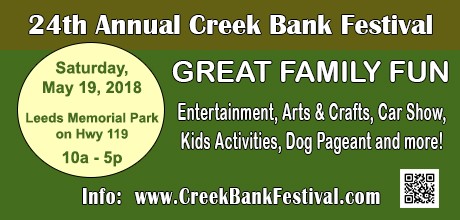 Download your free Creek Bank Festival Entertainment Guide for this Saturday's festival.  See who all of the stage entertainers are and download your free guide so you will not miss a single minute of entertainment.  This year's festival includes TWO ENTERTAINMENT STAGES to provide even more festival entertainment as well as all of the other festival activities and fun.