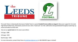 Leeds Tribune Football Preview Edition Ads | The Leeds Tribune is featuring the Greenwave Football Team in a special Football Preview edition on August 9. Show your support for the Leeds High School football team, cheerleaders, band and more with a “Good Luck”
