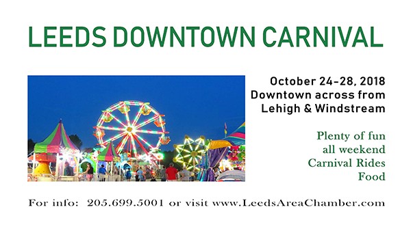 Leeds Carnival is coming!  Bring your kids downtown Leeds across from LeHigh and Windstream to enjoy carnival festivities October 24-28, 2018. | 205.699.5001