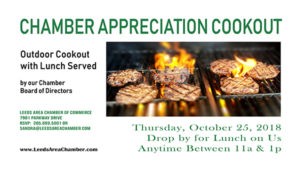 Chamber Member Appreciation Cookout - Thurs, October 25 from 11a-1p | Leeds Area Chamber of Commerce would like to show our appreciation to you as a member.