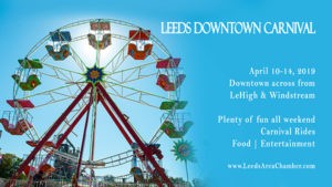 Leeds Downtown Carnival is coming! Bring your kids downtown historic Leeds across from Lehigh & Windstream to enjoy carnival festivities April 10-14