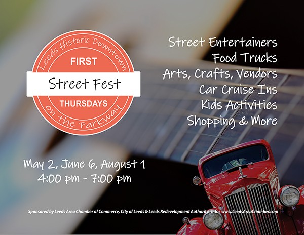 PRESS RELEASE FOR IMMEDIATE RELEASE | April 29, 2019 | Leeds Historic Downtown Hosts First Thursday Street Fest This Week | Leeds, AL: May 2, on the Parkway