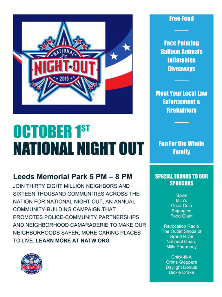 Leeds Police and Fire Departments will host National Night Out 2019 on Tuesday, Oct. 1. Meet up at Leeds Memorial Park from 5 pm to 8 pm to support your