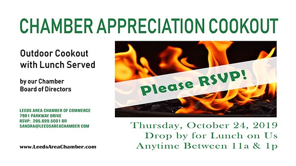 Chamber Member Appreciation Cookout 2019 - Thursday, October 24 from 11a-1p | The Leeds Area Chamber of Commerce would like to show our appreciation to you