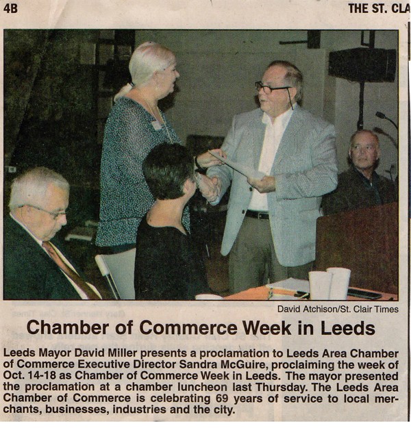 Leeds Mayor David Miller presents proclamation to Leeds Area Chamber of Commerce proclaiming Oct 14-18 as Chamber of Commerce Week in Leeds. 