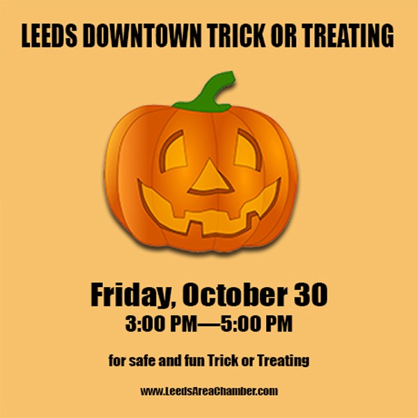 Leeds Downtown Trick or Treat 2020 scheduled for Friday, October 30th from 3-5 PM sponsored by Leeds Area Chamber of Commerce.  | 205.699.5001