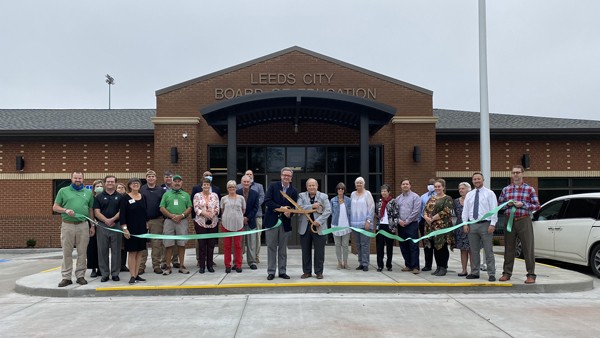 Ribbon cutting for the new Leeds City Board of Education Central Office building. The Leeds Area Chamber of Commerce and the City of Leeds