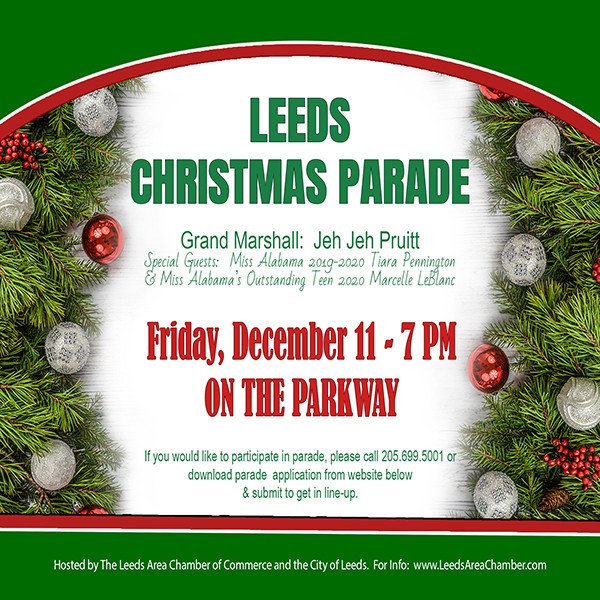 Register Now for Leeds Christmas Parade 2020 | This year's event will be held on Friday, December 11 - 7 PM in historic downtown Leeds, AL.