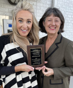 Leeds 2020 Silver Sponsor Millennial Bank presented to Tiffiany Abel Ward by Outgoing President Dona Bonnett