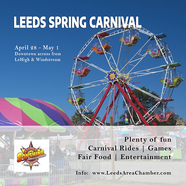 Leeds Spring Carnival is coming! Bring your kids to downtown Leeds across from Lehigh & Windstream for carnival festivities Apr 28-May 1