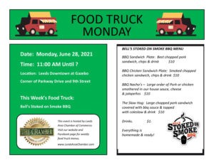Food Truck Monday with Bell's Stoked on Smoke scheduled for June 28. Check out their menu & plan to have lunch downtown Leeds at the Gazebo