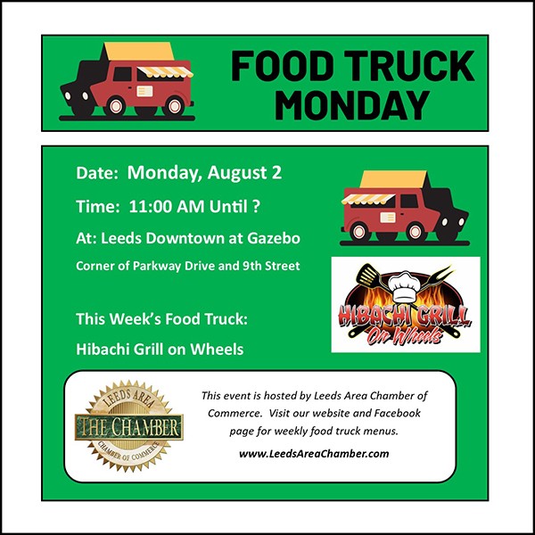 Food Truck Monday August 2 with Hibachi Grill on Wheels. Check out their menu & plan to have lunch downtown Leeds at the Gazebo | Alabama