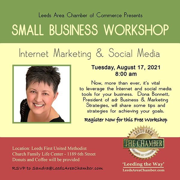 Leeds Area Chamber of Commerce presents a Small Business Workshop - Internet Marketing & Social Media scheduled for Tuesday, August 17 - 8 am