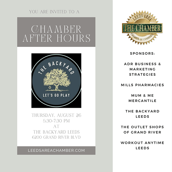 You are personally invited to August Chamber After Hours August 26 | 5:30-7:30p | The Backyard Leeds hosted by Leeds Area Chamber of Commerce